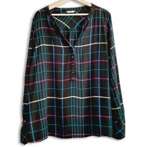 PENNINGTONS Popover Plaid Check 1/2 Button Front Shirt Black Blue & Green Sz 1X